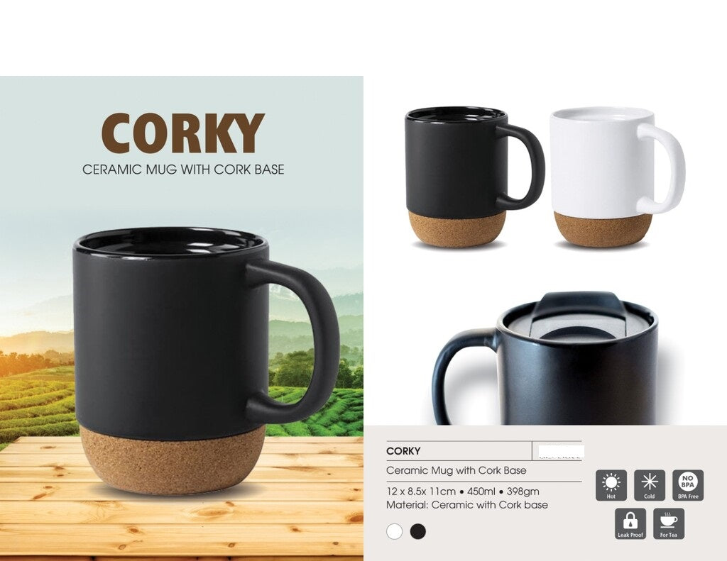 CORKY - Ceramic Mug with Cork Base & Lid for Tea/ Coffee - 450 ML