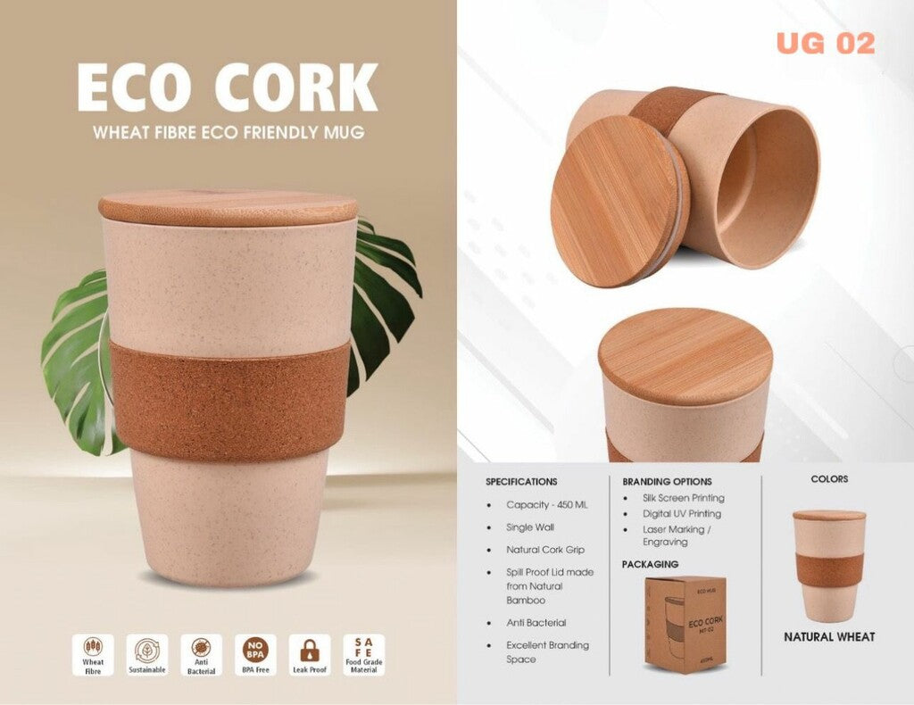 Eco Friendly Wheat Fiber Mug with Cork Grip & Bamboo Lid - 350 ML