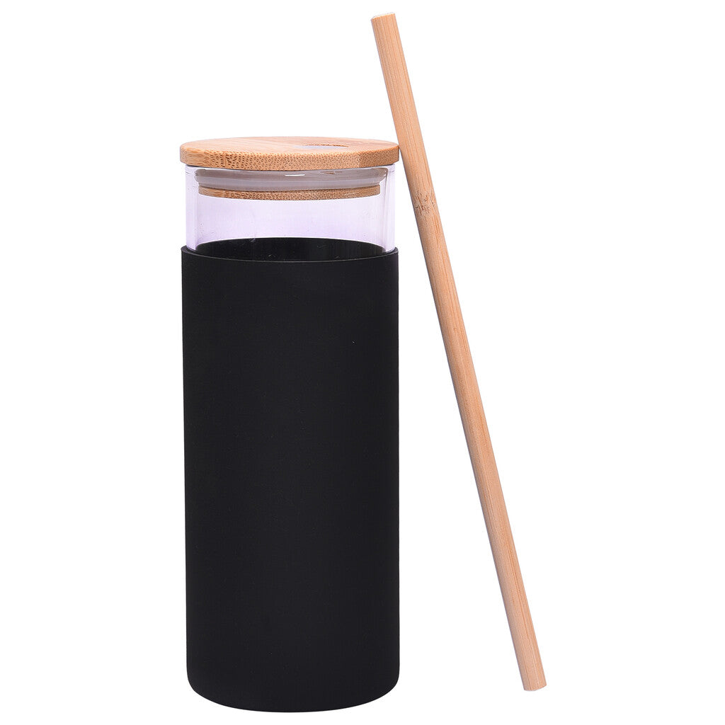 STRAW - Borosilicate glass mug with Silicone Sleeve & Bamboo Straw and Lid - Black