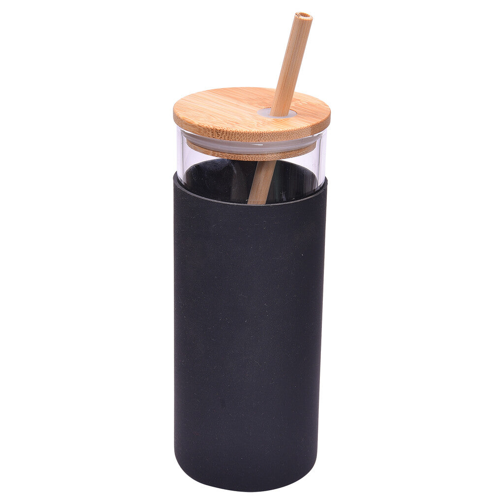 STRAW - Borosilicate glass mug with Silicone Sleeve & Bamboo Straw and Lid - Black