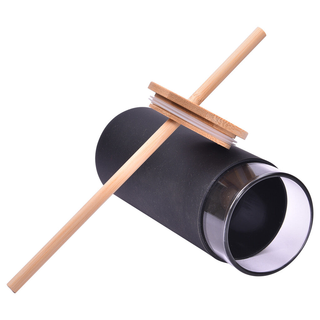 STRAW - Borosilicate glass mug with Silicone Sleeve & Bamboo Straw and Lid - Black