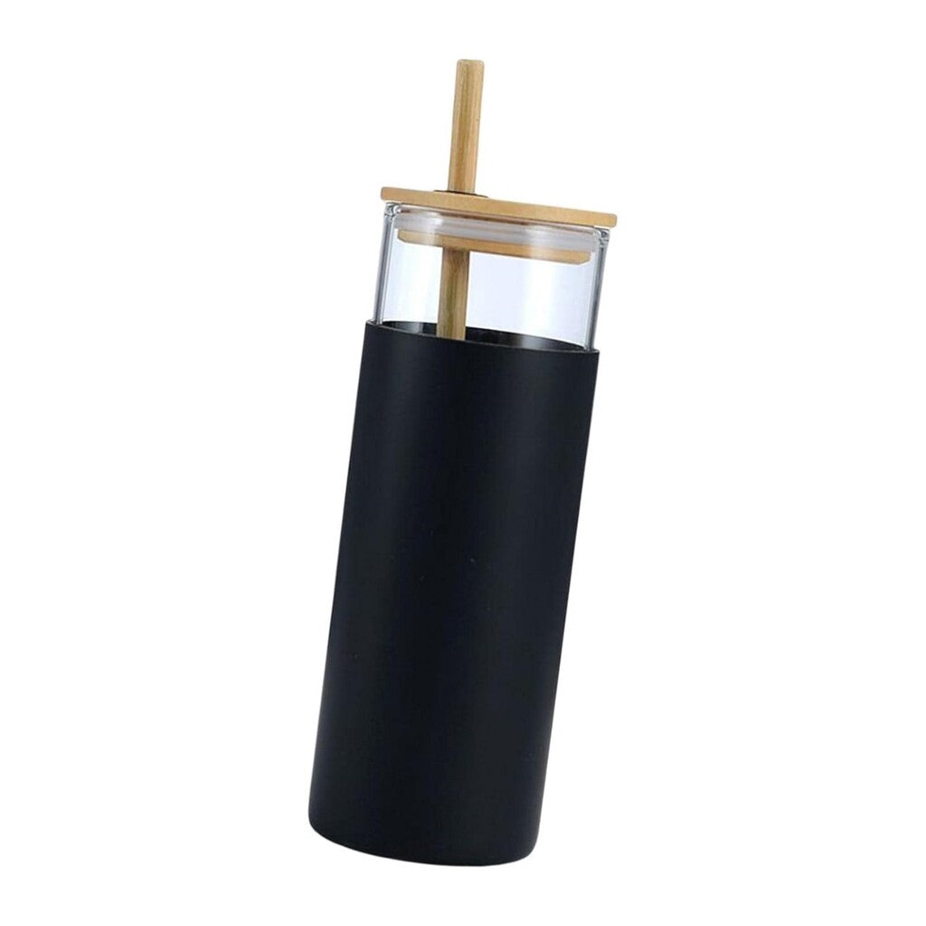 STRAW - Borosilicate glass mug with Silicone Sleeve & Bamboo Straw and Lid - Black