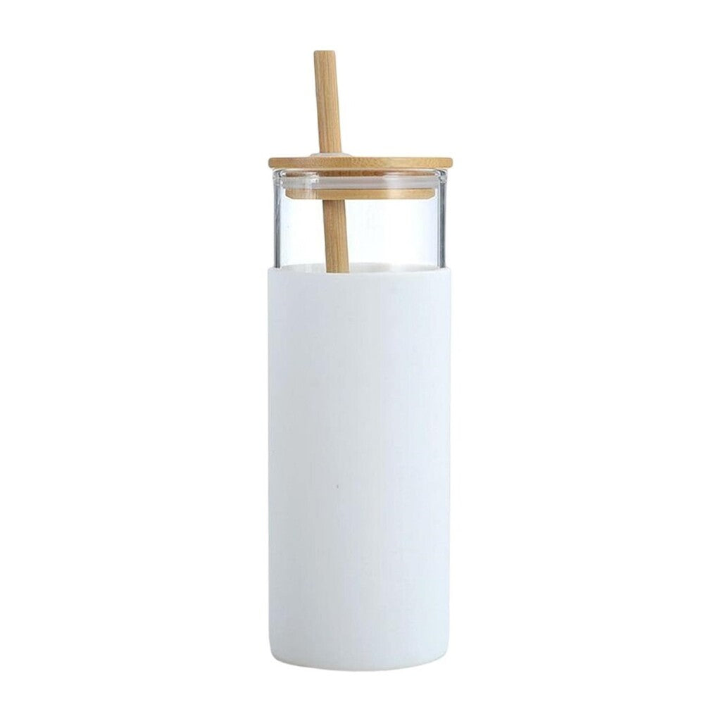 STRAW - borosilicate glass mug with silicone sleeve and bamboo straw - White