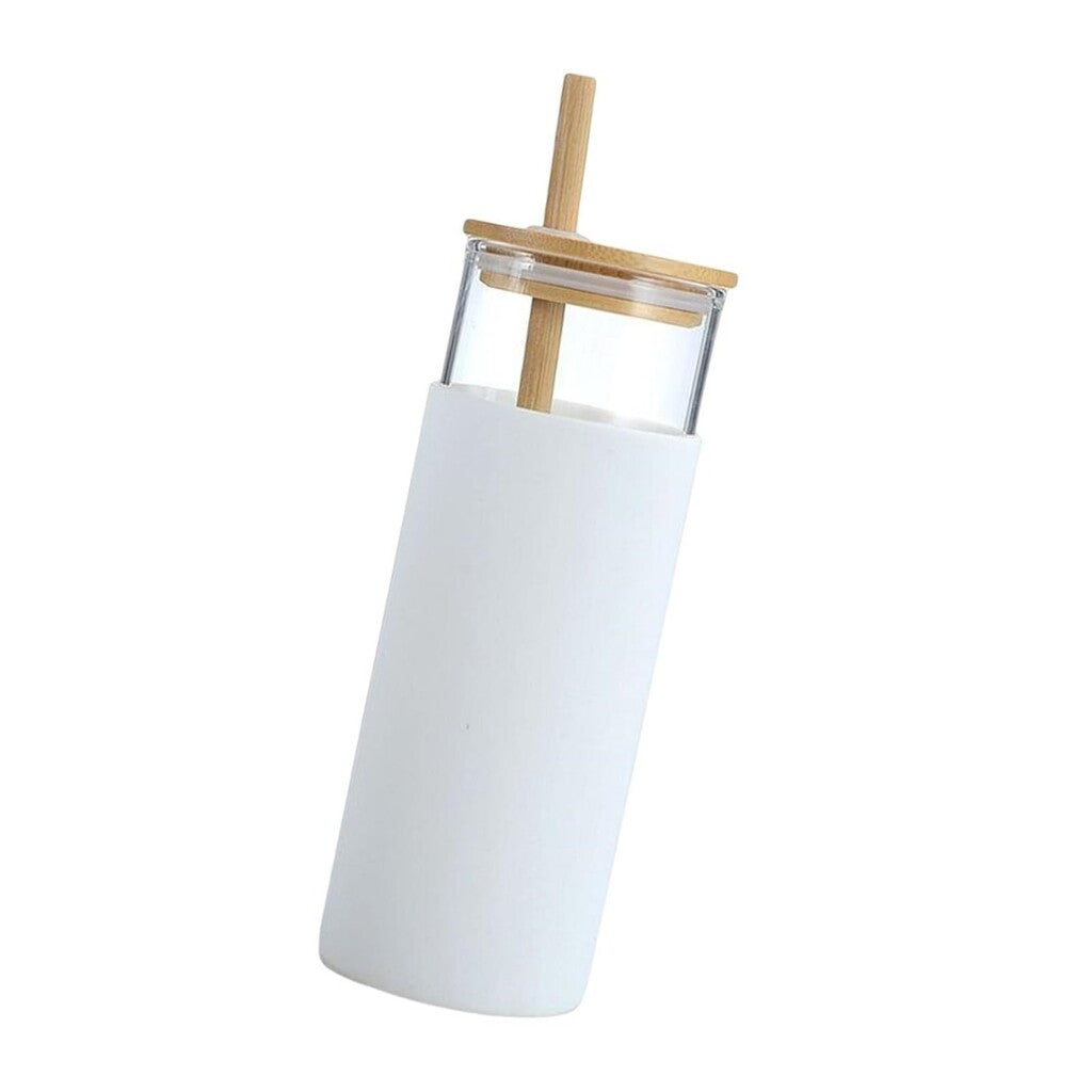 STRAW - borosilicate glass mug with silicone sleeve and bamboo straw - White