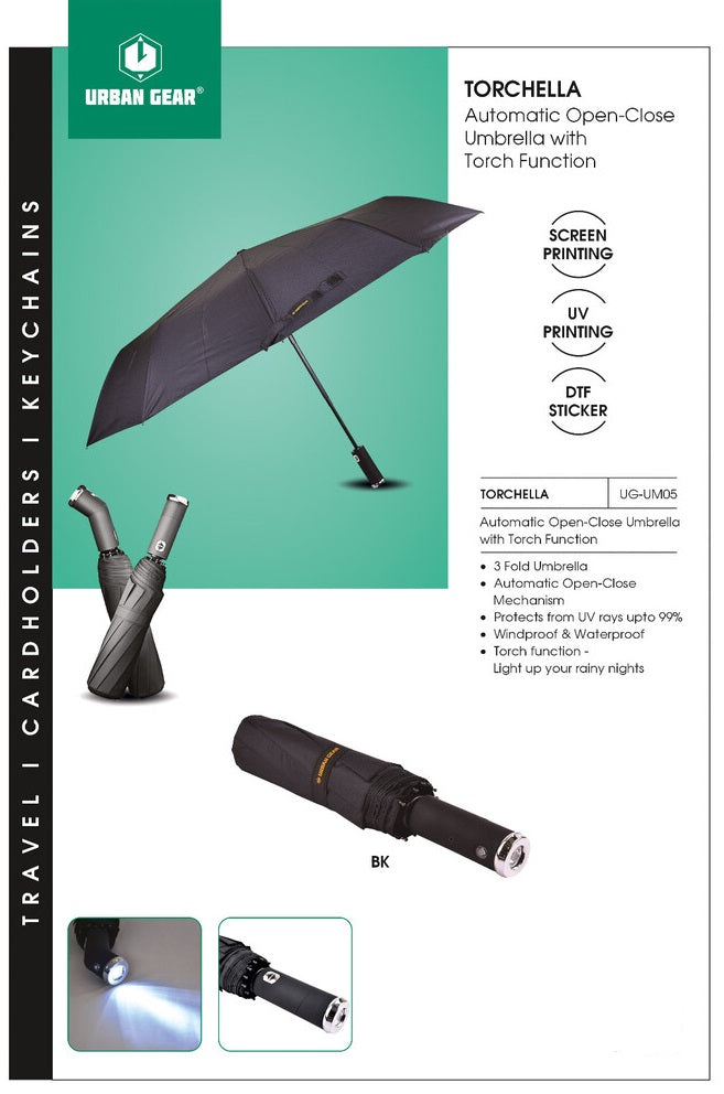 TORCHELLA - Automatic Open-Close Umbrella with Rotatable Torch (Flashlight)