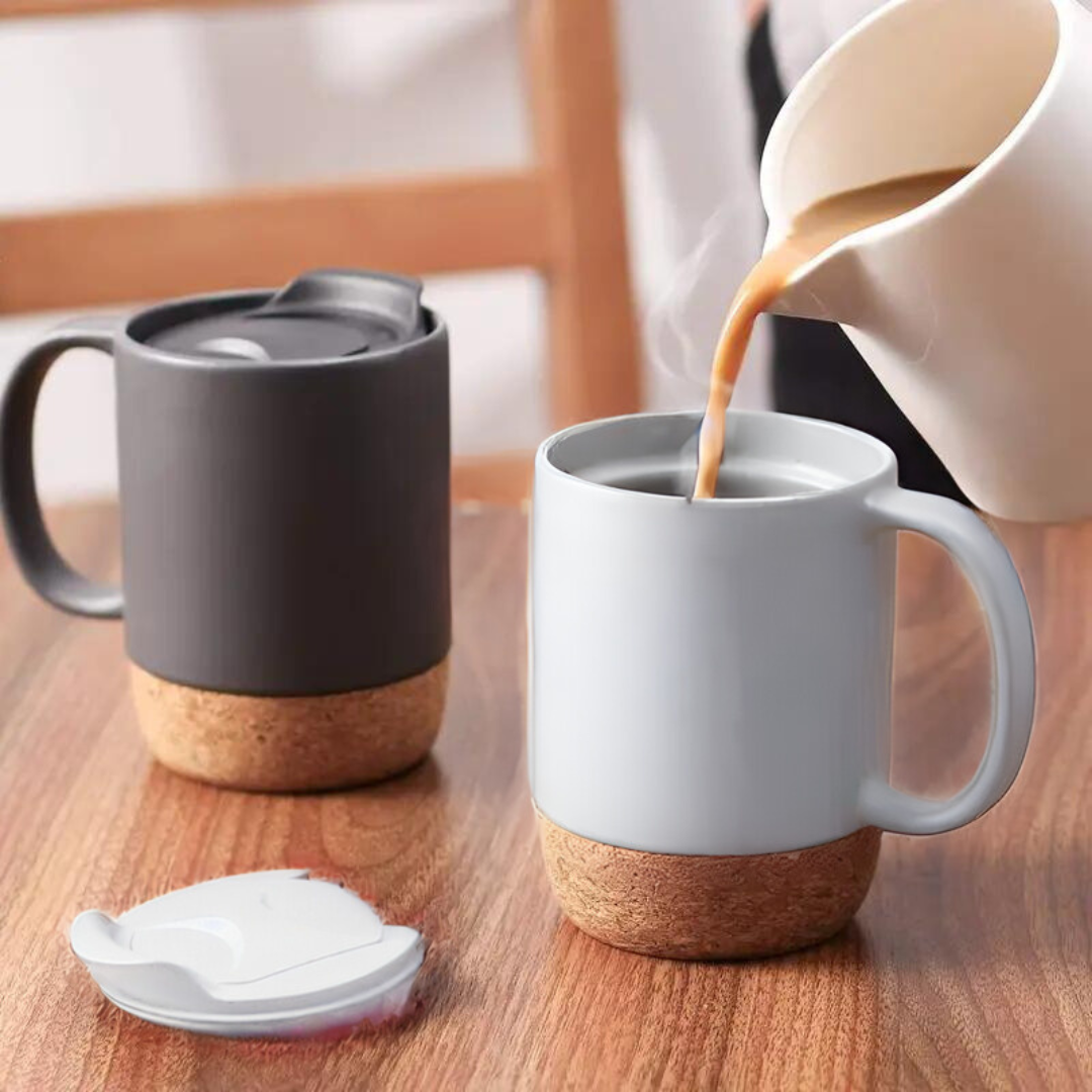 CORKY - Ceramic Mug with Cork Base & Lid for Tea/ Coffee - 450 ML