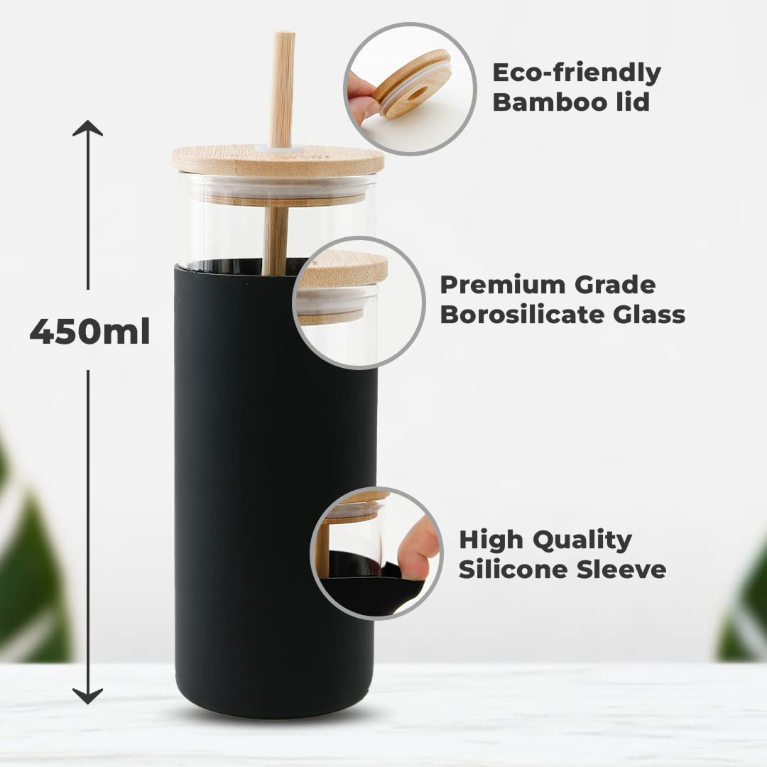 STRAW - Borosilicate glass mug with Silicone Sleeve & Bamboo Straw and Lid - Black