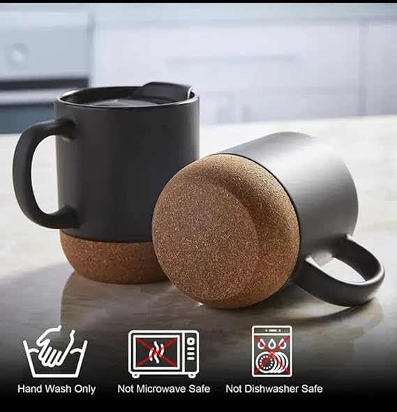 CORKY - Ceramic Mug with Cork Base & Lid for Tea/ Coffee - 450 ML