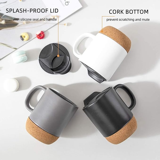 CORKY - Ceramic Mug with Cork Base & Lid for Tea/ Coffee - 450 ML