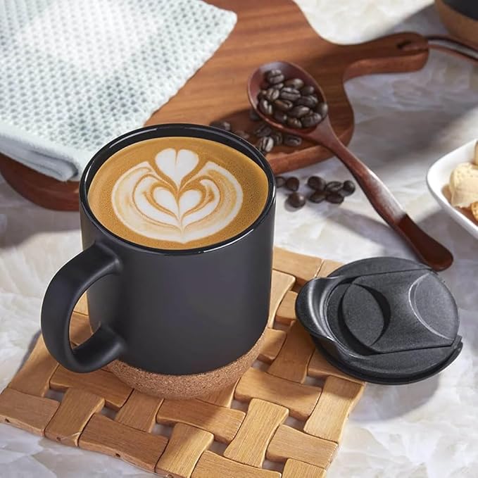 CORKY - Ceramic Mug with Cork Base & Lid for Tea/ Coffee - 450 ML