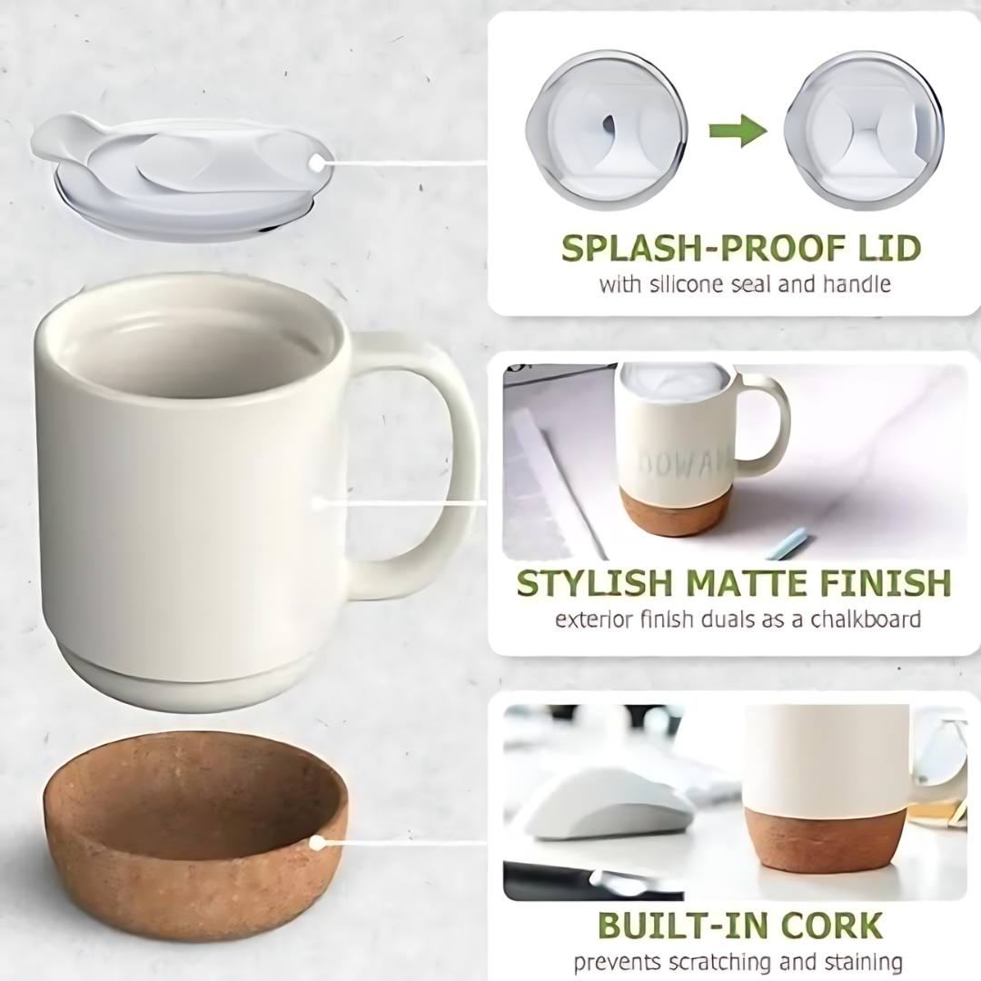 CORKY - Ceramic Mug with Cork Base & Lid for Tea/ Coffee - 450 ML