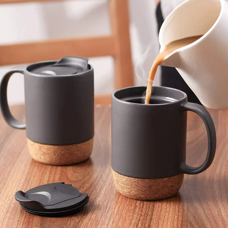 CORKY - Ceramic Mug with Cork Base & Lid for Tea/ Coffee - 450 ML