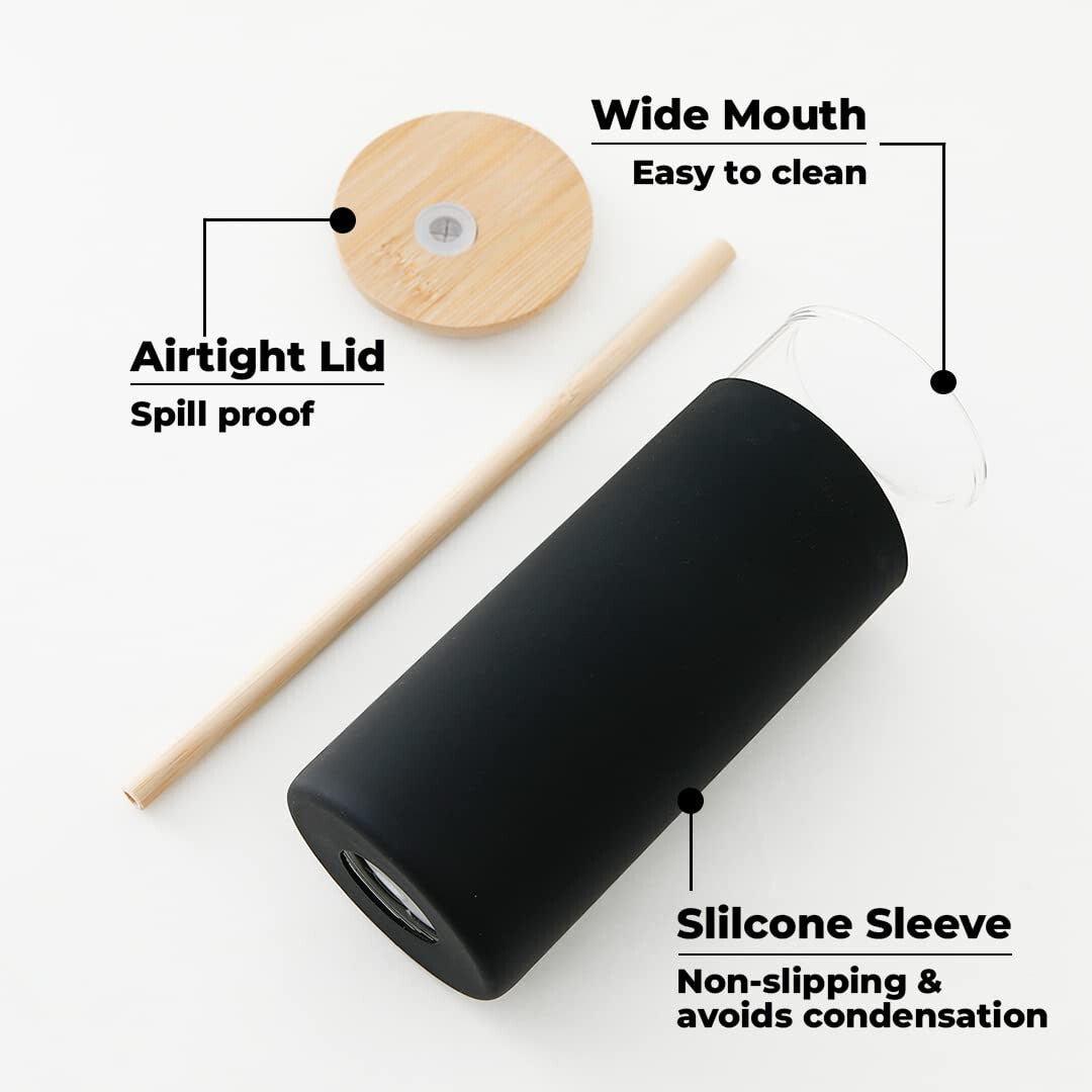 STRAW - Borosilicate glass mug with Silicone Sleeve & Bamboo Straw and Lid - Black